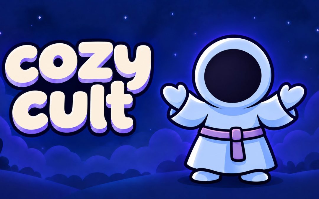Cozy Cult title and friendly hooded mascot against a starry blue sky