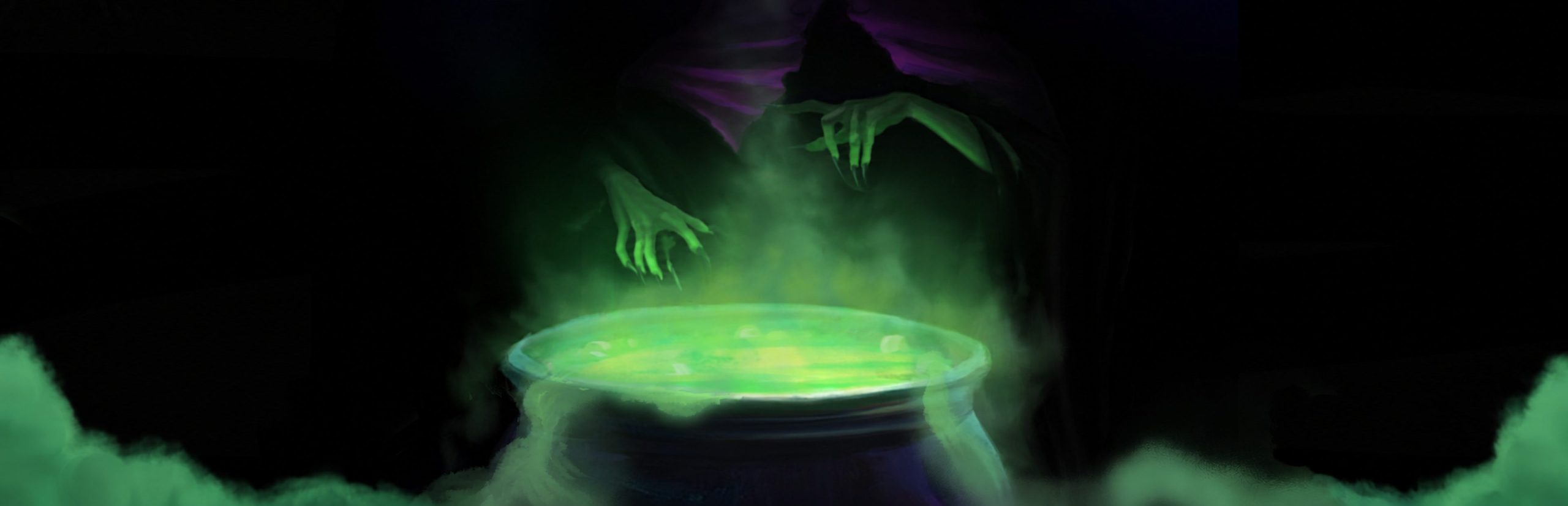 A glowing green cauldron in a stone chamber A glowing green cauldron in a stone chamber